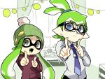  1boy 1girl beanie blue_eyes commentary_request domino_mask fangs female_inkling glasses green_hair grey_eyes hat inkling koi_dance male_inkling mask nana_(raiupika) splatoon tentacle_hair 