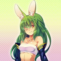  1girl animal_ears bare_shoulders breasts checkered checkered_background collarbone detached_sleeves eyebrows_visible_through_hair eyes_visible_through_hair gradient gradient_background green_hair kanikame long_hair masurao_(sekaiju) medium_breasts midriff navel one_eye_closed rabbit_ears sekaiju_no_meikyuu sekaiju_no_meikyuu_5 smile solo strapless tubetop yellow_eyes 