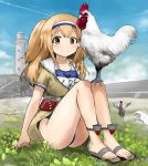  1girl 2017 bird blue_sky breasts chicken clouds day field grass hairband i-26_(kantai_collection) kantai_collection legs_together light_brown_eyes light_brown_hair light_smile lighthouse long_hair looking_at_viewer machinery name_tag new_school_swimsuit open_clothes rooster sailor_collar sandals sasahara_yuuki school_swimsuit short_sleeves sitting sky smile solo stairs swimsuit swimsuit_under_clothes two-tone_hairband two_side_up year_of_the_rooster 