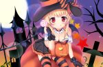  1girl :p battle_girl_high_school blonde_hair breasts candy cleavage demon_tail food full_moon halloween hat lollipop looking_at_viewer moon red_eyes solo tail tongue tongue_out watagi_michelle witch witch_hat yuririn_poi 