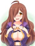  1girl ahoge bat_wings blush breasts brown_eyes brown_hair cleavage hair_over_one_eye kono_subarashii_sekai_ni_shukufuku_wo! large_breasts long_hair open_mouth solo wings wiz_(konosuba) yuguran_(specs) 