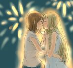  2girls bare_shoulders blonde_hair braid brown_hair dress face-to-face female_protagonist_(pokemon_sm) firework_background fireworks from_side incipient_kiss lillie_(pokemon) long_hair looking_at_another multiple_girls pokemon pokemon_(game) pokemon_sm shirt short_hair t-shirt torisoboro twin_braids white_dress yuri 