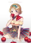  ! 1girl apple aqua_bow arm_support bangs bead_bracelet beads blurry blush bow bracelet breasts brown_hair cleavage corset crown depth_of_field detached_collar eating english eyebrows_visible_through_hair eyelashes food food_themed_ornament frills fruit gradient gradient_background hair_bow hairband happy_birthday holding holding_fruit jewelry koizumi_hanayo lace lace-trimmed_skirt lace_trim light_particles love_live! love_live!_school_idol_project mini_crown neck_ribbon necklace off_shoulder open_mouth pendant puffy_sleeves reflective_floor ribbon ribbon_trim short_hair side_glance sitting skirt small_breasts solo striped striped_bow swept_bangs tiny_(tini3030) vertical-striped_skirt vertical_stripes violet_eyes yokozuwari 