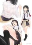  1girl 2016 ama_mitsuki ass back bag black_bra black_hair black_legwear black_panties black_skirt blush bra brown_eyes clothes_around_waist commentary dated from_below full_body hair_ornament hairclip kantai_collection loafers long_hair looking_at_viewer multiple_views necktie open_mouth oyashio_(kantai_collection) panties pantyshot pen pleated_skirt school_bag school_uniform see-through shirt shoes simple_background skirt sleeves_rolled_up socks standing striped striped_necktie sweater_around_waist underwear white_background white_shirt 