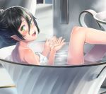  1girl bathing black_hair blush body_blush cup green_eyes h_kasei hair_between_eyes in_container in_cup looking_at_viewer lying minigirl naked_towel open_mouth original pointy_ears solo teacup tied_hair towel wet 