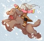  1boy ^_^ boots closed_eyes coat dog earmuffs makkachin male_focus mittens open_mouth riding scarf silver_hair smile snowing tongue tongue_out viktor_nikiforov whitemop_jog younger yuri!!!_on_ice 