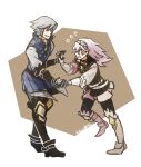  1boy 1girl 2016 armor armored_boots artist_name azur_(fire_emblem) boots dancing european_clothes father_and_daughter fire_emblem fire_emblem_if green_hair highres killuba long_sleeves pink_hair signature simple_background soleil_(fire_emblem_if) 
