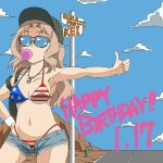  1girl american_flag_bikini aviator_sunglasses bikini blonde_hair blue_sky breasts bubble_blowing cactus character_name chewing_gum cleavage clouds copyright_name day denim denim_shorts desert dog_tags flag_print girls_und_panzer hand_on_hip happy_birthday hitchhiking kay_(girls_und_panzer) long_hair medium_breasts nana_(manaita_koumuten) navel road_sign short_shorts shorts sign sky solo sunglasses swimsuit thighs unbuttoned unzipped 