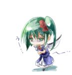  1girl blue_dress bow chibi commentary_request crossed_arms daiyousei dress drooling fairy_wings green_eyes green_hair hair_bow long_hair open_mouth solo touhou turn_pale wings yohane 