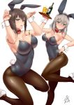  2girls animal_ears bare_shoulders breasts brown_eyes brown_hair bunny_girl bunnysuit cleavage girls_und_panzer grey_eyes itsumi_erika long_hair medium_breasts multiple_girls nishizumi_maho pantyhose rabbit_ears short_hair silver_hair simple_background sweatdrop tray uo_denim 