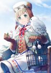  1girl asahikawa_hiyori bird bird_on_hand birdcage blush breath brown_gloves cage cape closed_mouth corsed day dress gloves goggles goggles_on_headwear green_eyes hat light_smile long_sleeves neck_ribbon original outdoors owl red_ribbon ribbon silver_hair solo white_dress 