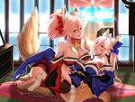  2girls animal_ears bad_id bad_pixiv_id bell bell_collar blue_legwear bow breasts cleavage collar detached_sleeves dual_persona fate/extra fate/grand_order fate_(series) fox_ears fox_tail hair_bow hair_ribbon japanese_clothes large_breasts long_hair looking_at_viewer multiple_girls open_mouth paws pink_hair ribbon tail tamamo_(fate)_(all) tamamo_cat_(fate) tamamo_no_mae_(fate) thigh-highs toramarysyou yellow_eyes 