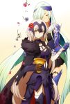  2girls armor bare_shoulders blonde_hair breasts fate/grand_order fate/prototype fate/prototype:_fragments_of_blue_and_silver fate_(series) hair_over_one_eye jeanne_alter lancer_(fate/prototype_fragments) long_hair multiple_girls oiun ruler_(fate/apocrypha) short_hair silver_hair smile very_long_hair yellow_eyes yuri 
