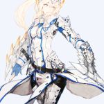  1girl armor barioth_(armor) belt blonde_hair blue_eyes breastplate expressionless gauntlets greaves holding holding_sword holding_weapon knight labombardier! long_hair monster_hunter pauldrons ponytail shield solo sword weapon wing_collar 