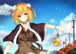  1girl bangs blonde_hair blush bottle breasts brown_shirt capelet choker cleavage closed_mouth day flower hair_ornament looking_at_viewer medium_breasts mikagemaru_(mikage000) original outdoors shirt short_hair smile solo telephone_pole upper_body utility_pole yellow_eyes 