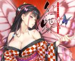  1girl asa_no_ha_(pattern) bangs bare_shoulders black_hair blunt_bangs blush braid breasts butterfly butterfly_wings checkered checkered_print cleavage collarbone female happoubi_jin japanese_clothes kimono large_breasts lips long_hair multicolored_hair neck obi off_shoulder original parted_lips red_string redhead sash solo string two-tone_hair violet_eyes wide_sleeves wings 