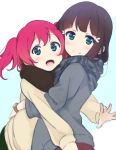  2girls :d bangs black_hair black_scarf blue_eyes casual highres hug icehotmilktea jacket kurosawa_dia kurosawa_ruby light_blush looking_at_viewer love_live! love_live!_sunshine!! mole mole_under_mouth multiple_girls open_mouth redhead scarf siblings sisters smile striped striped_scarf two_side_up watch watch 