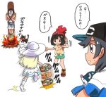  2boys 2girls bangs baseball_cap black_hair blonde_hair blunt_bangs braid dark_skin dire female_protagonist_(pokemon_sm) fire hat kinkuri_(axsc8mjrt) kukui_(pokemon) lillie_(pokemon) litten long_hair male_protagonist_(pokemon_sm) multiple_boys multiple_girls pokemon pokemon_(creature) pokemon_(game) pokemon_sm rowlet short_hair translated twin_braids 