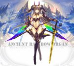  1girl armor bangs bare_shoulders bikini_armor boots breasts cleavage closed_mouth full_body gauntlets grey_hair headgear highres holding holding_sword holding_weapon horns kiwamu long_hair looking_at_viewer medium_breasts navel original smile solo stomach sword thigh-highs thigh_boots thigh_gap weapon wings yellow_eyes 