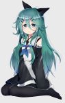  1girl aqua_hair asaoka_(0x0) bare_shoulders black_legwear black_skirt blue_eyes blue_neckerchief blush choker collarbone full_body grey_background hair_between_eyes hair_ornament hair_ribbon hairclip kantai_collection kneeling long_hair long_sleeves looking_at_viewer ribbon shiny shiny_hair simple_background skirt solo thigh-highs wide_sleeves yamakaze_(kantai_collection) 