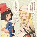  2girls bag beanie black_eyes black_hair blonde_hair braid closed_eyes dress duffel_bag female_protagonist_(pokemon_sm) hat holding lillie_(pokemon) long_hair multiple_girls npc piisuke_(ebiko) player_character pokemon pokemon_(creature) pokemon_(game) pokemon_sm popplio red_hat shirt short_hair sleeveless sleeveless_dress smile sun_hat tied_shirt translation_request twin_braids white_dress white_hat 