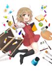  1girl :d black_legwear blush bolo_tie bottle bread brown_eyes brown_hair case colis_(regunm772) collared_shirt eyebrows_visible_through_hair food from_side full_body hair_between_eyes hair_ornament hidamari_sketch highres holding_paintbrush inkwell kneehighs legs_up long_sleeves looking_at_viewer no_shoes open_mouth outstretched_arm paint paintbrush palette pastel pen pencil pleated_skirt red_skirt red_vest school_uniform shirt sketchbook skirt smile solo vest white_shirt wing_collar x_hair_ornament yuno 