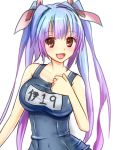  1girl :d aaabbbccccc bangs bare_arms bare_shoulders blue_hair blush breasts collarbone covered_navel fang gradient_hair hair_ribbon i-19_(kantai_collection) kantai_collection large_breasts long_hair looking_at_viewer multicolored_hair name_tag open_mouth pink_ribbon purple_hair red_eyes ribbon school_swimsuit smile solo swimsuit twintails upper_body 