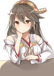  1girl absurdres bangs blush breasts brown_eyes brown_hair chin_rest closed_mouth detached_sleeves eyebrows_visible_through_hair hair_between_eyes hairband hand_on_own_cheek haruna_(kantai_collection) headgear highres kantai_collection large_breasts long_hair looking_at_viewer natsu_(sinker8c) nontraditional_miko ribbon-trimmed_sleeves ribbon_trim simple_background smile solo table white_background 