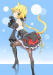  1girl alternate_costume animal_ears bare_shoulders black_boots black_gloves black_legwear blonde_hair blue_eyes blush boots cat_ears cat_tail commentary_request detached_sleeves dress fishnet_pantyhose fishnets frills gloves hair_between_eyes hair_ornament hairclip hand_on_own_knee kemonomimi_mode knee_boots long_hair looking_at_viewer low_twintails ore_twintail_ni_narimasu pantyhose shindou_erina shiny shiny_clothes sleeveless sleeveless_dress smile solo tail twintails x_hair_ornament yuto_(dialique) 