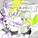  1boy 1girl beanie behind_another bike_shorts blush bubble bubbler_(splatoon) female_inkling glasses green_hair hat inkling lowres male_inkling nana_(raiupika) scared short_ponytail sidelocks splatoon tearing_up tentacle_hair translation_request 