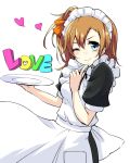  1girl blue_eyes brown_hair finger_to_mouth highres index_finger_raised kousaka_honoka love_live! love_live!_school_idol_project maid maid_headdress minato_(shouno) one_eye_closed one_side_up short_hair simple_background smile solo white_background 