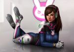  1girl aelini animal_print bangs bodysuit breasts brown_eyes brown_hair bunny_print clenched_hands clothes_writing commentary d.va_(overwatch) facepaint facial_mark full_body gloves grey_background headphones high_collar highres legs_crossed legs_up lips logo long_hair looking_at_viewer lying medium_breasts nose on_stomach overwatch pilot_suit reflection ribbed_bodysuit shoulder_pads skin_tight solo swept_bangs whisker_markings white_gloves 