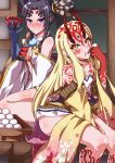  2girls alcohol bare_shoulders black_hair blonde_hair blue_eyes blush breasts cleavage dango detached_sleeves earrings eating fate/grand_order fate_(series) food horns ibaraki_douji_(fate/grand_order) ikue_fuuji japanese_clothes jewelry kimono long_hair looking_at_viewer multiple_girls oni pointy_ears sake slit_pupils smile tattoo ushiwakamaru_(fate/grand_order) wagashi yellow_eyes 