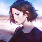  1girl artist_name blue_eyes brown_hair chromatic_aberration closed_mouth day guweiz ilya_kuvshinov_(style) lips looking_at_viewer nose original outdoors portrait profile short_hair solo 