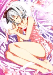  1girl alternate_costume barefoot bloomers blush chemise closed_eyes feathers hairband highres hitodama konpaku_youmu konpaku_youmu_(ghost) open_mouth pajamas sazanami_mio short_hair silver_hair sleeping solo touhou underwear 