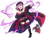  1girl bare_shoulders black_legwear blush book coat fate/grand_order fate_(series) flat_chest full_body hat helena_blavatsky_(fate/grand_order) open_mouth purple_hair shiime short_hair simple_background smile solo strapless thigh-highs violet_eyes white_background 