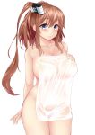  1girl absurdres arm_support blue_eyes breasts brown_hair hair_between_eyes hand_on_own_chest highres kantai_collection large_breasts long_hair looking_at_viewer naked_towel ponytail saratoga_(kantai_collection) see-through side_ponytail sideboob sitting smile thighs tomo_(tomojo_8) towel wet wet_towel 