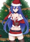  1girl bare_shoulders belt black_legwear black_panties blue_hair bodice breasts candy candy_cane choujigen_game_neptune christmas christmas_tree cleavage collar collarbone deep_skin earrings elbow_gloves female fingerless_gloves food gloves hat highleg highleg_panties highres iris_heart jewelry jiffic long_hair medium_breasts microskirt naughty_face navel neptune_(series) no_bra panties phallic_symbol pink_eyes pinky_out red_eyes santa_hat skirt solo standing stomach symbol-shaped_pupils thigh-highs underwear 