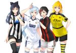  4girls absurdres ac_milan adidas asics black_hair blake_belladonna blonde_hair blue_eyes borussia_dortmund bow eye_scar grey_eyes hair_bow highres multiple_girls newcastle_united_fc real_madrid ruby_rose rwby soccer soccer_uniform socks sportswear violet_eyes weiss_schnee white_hair yang_xiao_long yellow_eyes 