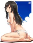  1girl ass awa bare_arms bare_legs bare_shoulders barefoot bikini black_hair blush breasts brown_eyes character_name erect_nipples feet kamizaki_makoto long_hair open_mouth parted_lips seiren side-tie_bikini sideboob sitting soles solo swimsuit toes wariza white_bikini yokozuwari 