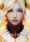  1girl blonde_hair blue_eyes bodysuit eyelashes face headgear highres light_particles lips long_hair looking_at_viewer mercy_(overwatch) muju overwatch parted_lips photorealistic pink_lips portrait realistic revision shards solo turtleneck 