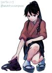  1girl 2017 anchor_symbol animal black_cat black_hair blue_eyes cat dated full_body hair_ribbon high_ponytail houshou_(kantai_collection) japanese_clothes kantai_collection long_hair ribbon sandals smile socks solo squatting twitter_username wasabi_no_tenpura 