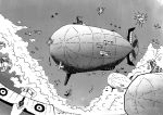  aerial_battle aircraft airplane battle clouds comic commentary dirigible dogfight explosion greyscale mecha_to_identify monochrome original setz sky turret world_war_i zeppelin 