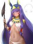  1girl bangs blush bracelet breasts closed_mouth dark_skin eyebrows_visible_through_hair facepaint fate/grand_order fate_(series) hair_between_eyes hairband highres holding holding_staff jewelry long_hair looking_at_viewer medium_breasts medjed midriff navel nitocris_(fate/grand_order) polearm purple_hair simple_background solo staff upper_body very_long_hair violet_eyes weapon white_background yaman_(yamanta_lov) 