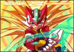  1boy blonde_hair bodysuit english go! helmet holding holding_weapon long_hair rockman rockman_zx vent weapon 