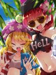  2girls american_flag_shirt bare_shoulders bikini blonde_hair blue_sky blush_stickers breasts clownpiece collarbone covered_navel day english floral_print flower hair_flower hair_ornament hat hecatia_lapislazuli highres jester_cap medium_breasts multiple_girls navel nikorashi-ka redhead sarong shirt short_sleeves sketch sky smile star star_print striped sunglasses swimsuit touhou v white_bikini 