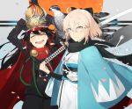  2girls ^_^ ^o^ bird blonde_hair blush cape closed_eyes demon_archer double-breasted fate/grand_order fate_(series) gloves grey_eyes hat hayashi_kewi katana koha-ace long_hair looking_at_viewer multiple_girls open_mouth sakura_saber shinsengumi short_hair smile sword teeth weapon white_gloves 