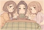  3girls 7010 akanishi_erika black_hair blush braid breasts brown_eyes brown_hair ebihara_naho flower green_eyes hair_bun hair_flower hair_ornament idolmaster idolmaster_cinderella_girls kotatsu large_breasts long_hair looking_at_viewer mimura_kanako multiple_girls open_mouth ponytail short_hair sitting smile table twin_braids 