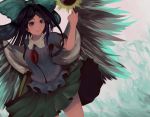  1girl arm_cannon black_eyes black_hair black_wings blouse bow cape green_skirt hair_bow long_hair miniskirt pleated_skirt puffy_short_sleeves puffy_sleeves reiuji_utsuho romu_(rom2460) short_sleeves skirt solo touhou weapon white_blouse wind wind_lift wings 