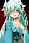 1girl aqua_hair bangs blush breasts cleavage collarbone dark_background fate/grand_order fate_(series) horns japanese_clothes kimono kiyohime_(fate/grand_order) leaning_forward long_hair long_sleeves looking_at_viewer medium_breasts nose_blush obi open_mouth pov sash sen_(astronomy) sketch solo teeth wide_sleeves yellow_eyes 